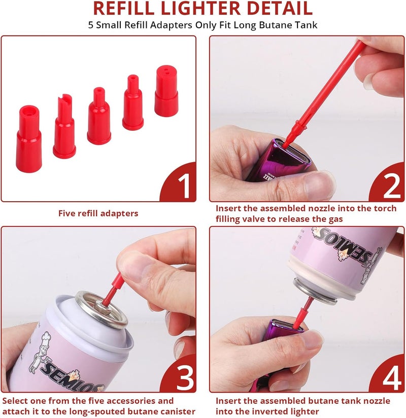 Semlos Butane Refill Adapter, 4 Adapter Tips, Compatible Lighters & Torches, Torch Kit Set for All Nozzle's Butane Bottle, Red - Image 5
